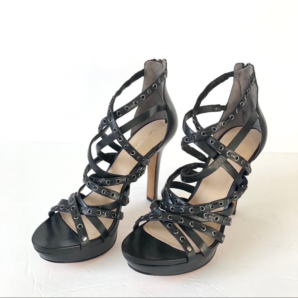 Via Spiga Black Leather Strappy Platform Back zip Heel Sandals Size 8M